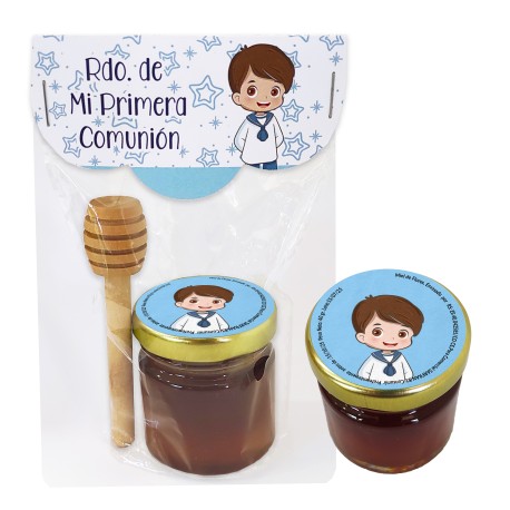 Tarro Miel de Flores artesana 40ml + cucharilla Primera Comunión niño